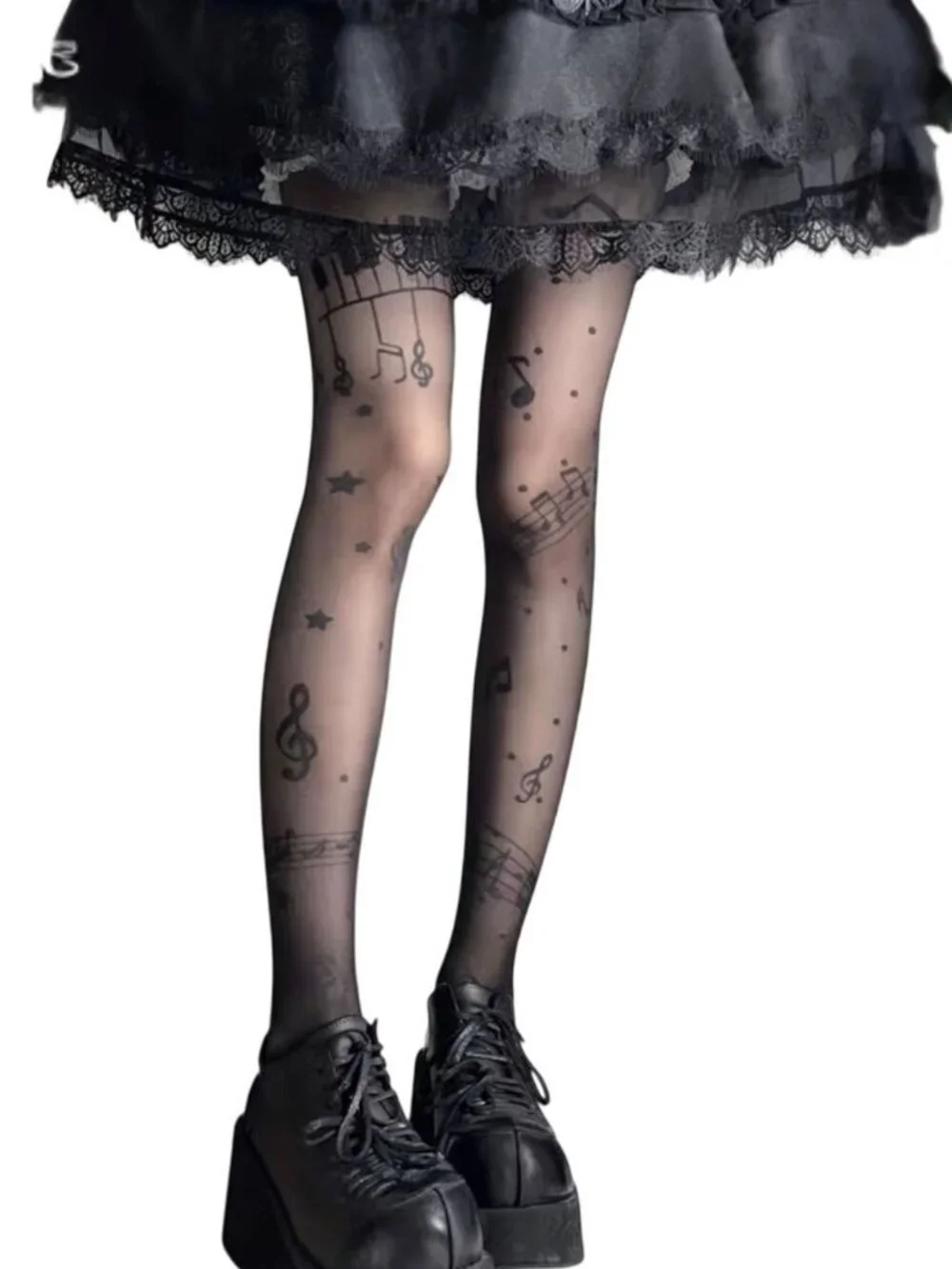 Black Music Note Tights One Size Sheer Treble Clef Staff Pattern